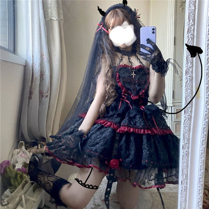 【ハロウィン】Lolita ゴシック 小魔女 吸血鬼ヴァンパイア ローズ パンク 長袖 ベルベット ワンピース 秋新作 レディース