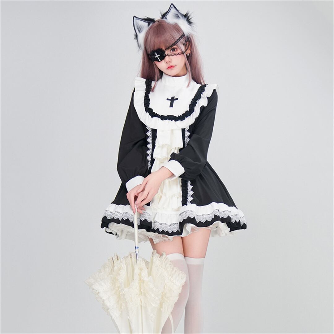ハロウィン】ゴシック 十字架 シスター服 ロリータ ブラック＆ホワイト