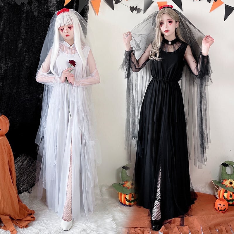 【ハロウィン】コスプレ怪誕屍新娘 魔女 花嫁 ゴーストブライド ブラック＆ホワイト ヴァンパイア ウィッチ レディース