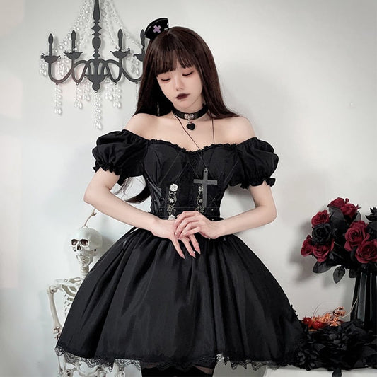 【ハロウィン】ダークブラックミニドレス・ゴシックパフスカート・ナイトクラブ・DS・ダンス・ギャル衣装