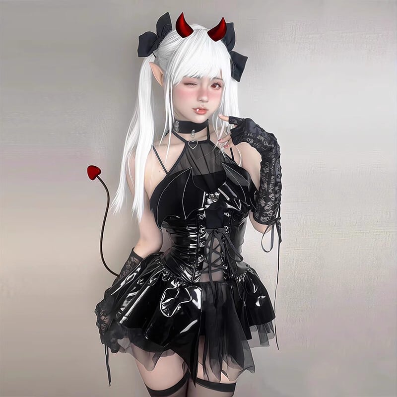 【ハロウィン】 PU 光沢 バットウィング 透け感 ミニドレス・バッククロスデザイン