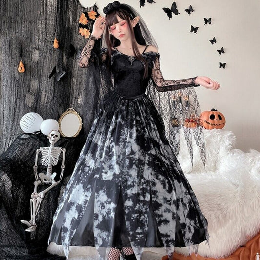 【ハロウィン】ゴーストブライド 大人用 コスプレ 魔女 ゴシック 吸血鬼 クイーン ブラックロングドレス レディース