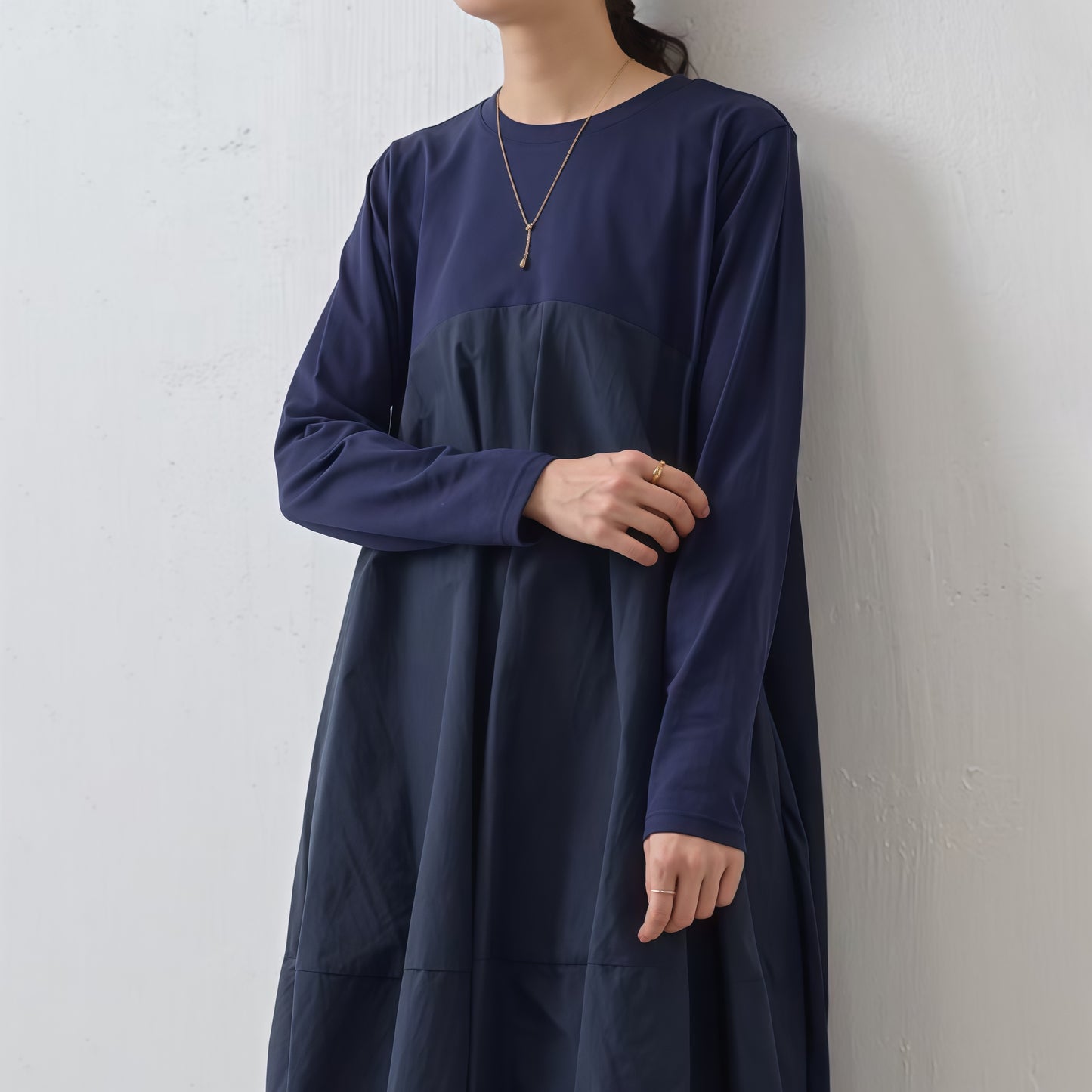 【ワンピース】春秋ラウンドネック 長袖 ニット パッチワーク ロング 長袖ワンピース