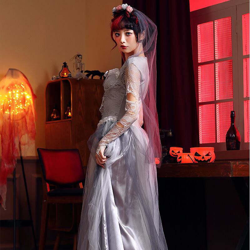 【ハロウィン】大人用 コスチューム ゴーストブライド ウェディングドレス ロングスカート スカル ゾンビ ホラードール 魔女 仮装 舞踏会衣装 レディース