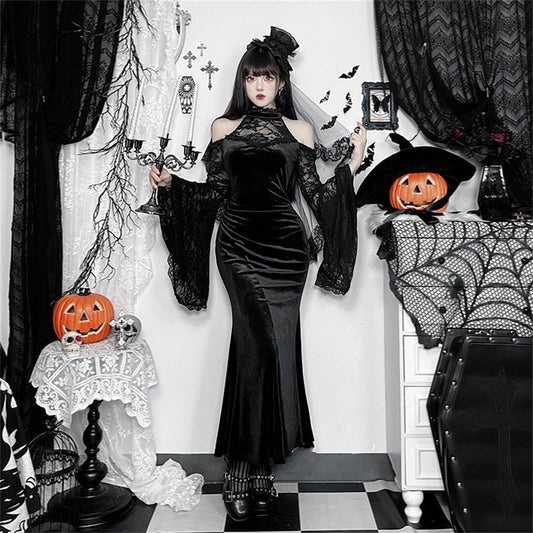 【ハロウィン】コスプレ 肩出し 長袖 ウィッチ ダーク風 セクシー タイト ワンピース