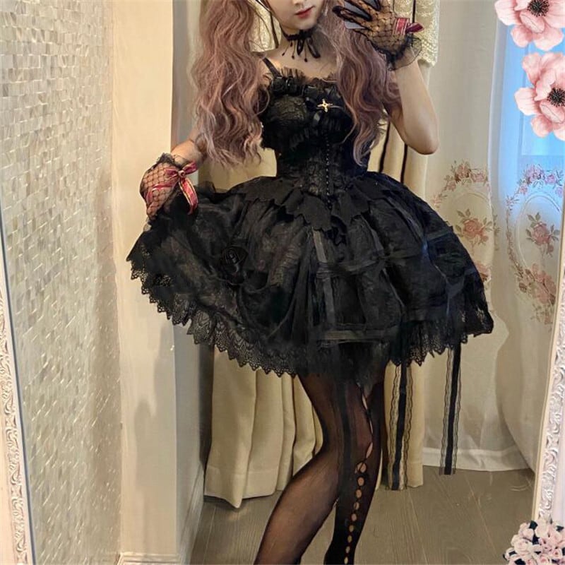 【ハロウィン】Lolita ゴシック クラシカル バラ柄 ワンピース 蕾絲＆チュール装飾 レディース コスプレ 衣装【15～20日内発送】