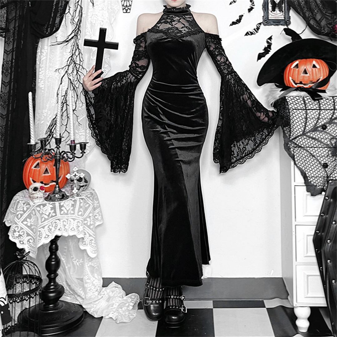 【ハロウィン】コスプレ 肩出し 長袖 ウィッチ ダーク風 セクシー タイト ワンピース