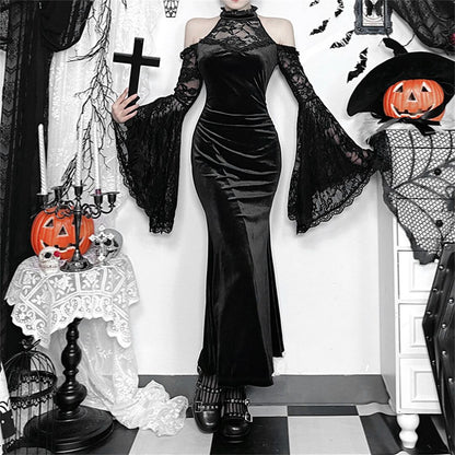 【ハロウィン】コスプレ 肩出し 長袖 ウィッチ ダーク風 セクシー タイト ワンピース