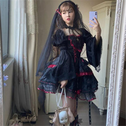 【ハロウィン】Lolita ゴシック 小魔女 吸血鬼ヴァンパイア ローズ パンク 長袖 ベルベット ワンピース 秋新作 レディース