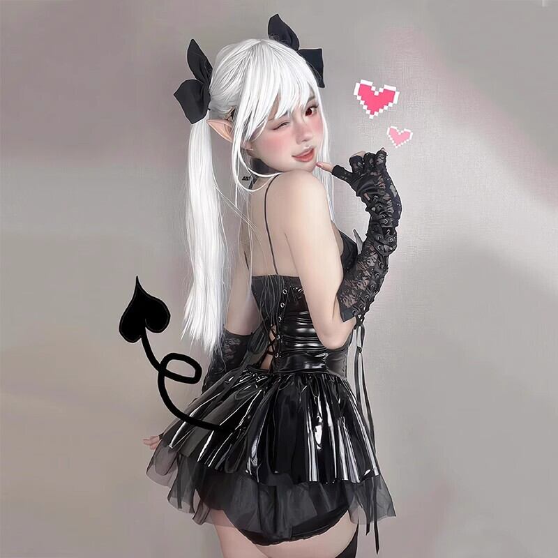 【ハロウィン】 PU 光沢 バットウィング 透け感 ミニドレス・バッククロスデザイン