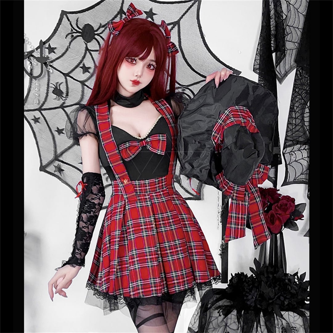 【ハロウィン】コスプレ ゴシックパンク 赤黒チェック Y2K ロック風 ワンピース ガールズグループ ステージ衣装