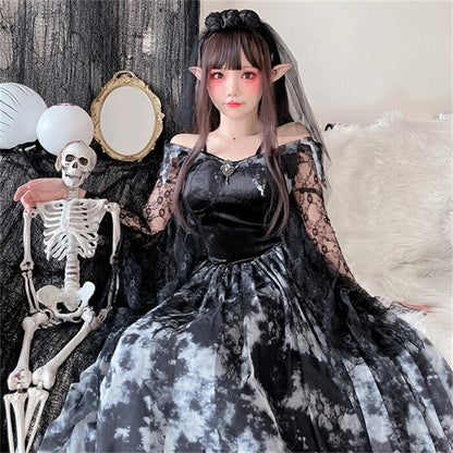 【ハロウィン】ゴーストブライド 大人用 コスプレ 魔女 ゴシック 吸血鬼 クイーン ブラックロングドレス レディース