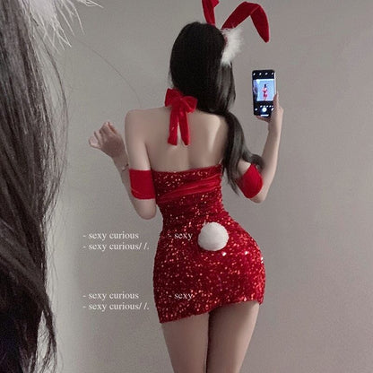【クリスマス】新年向け  ベロア＆スパンコール うさぎコスチューム セクシーナイトウェア 誘惑 可外出着用