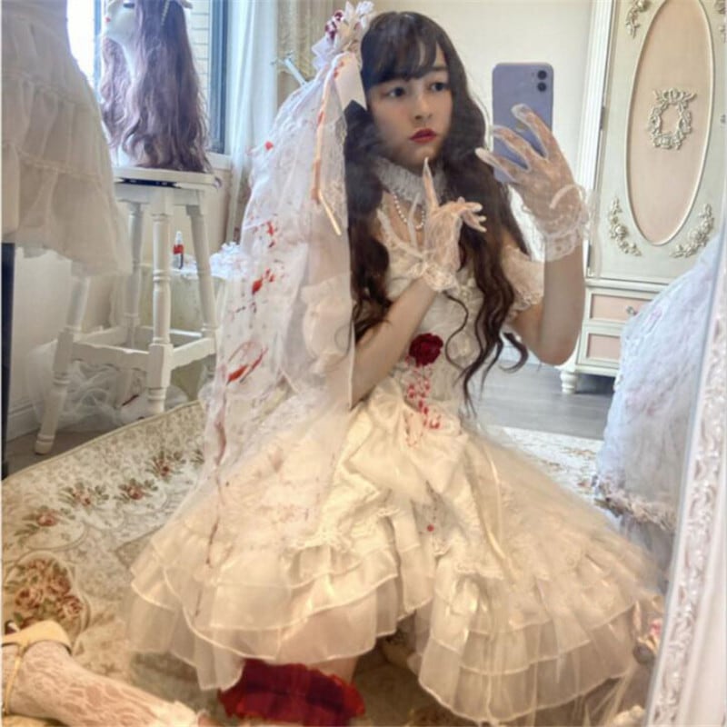 【ハロウィン】Lolita ピュアブラッドキス ゴスロリ 花嫁風 薔薇レース＆チュール ワンピース レディース