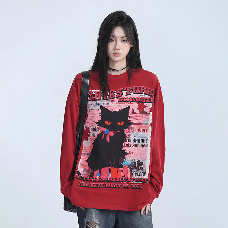 【トップス】黒猫プリントロンT ユニセックス オーバーサイズ ユニセックス アメリカンカジュアル【FCシリーズ】