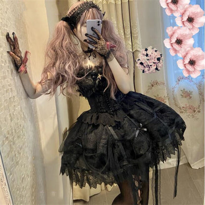 【ハロウィン】Lolita ゴシック クラシカル バラ柄 ワンピース 蕾絲＆チュール装飾 レディース コスプレ 衣装【15～20日内発送】