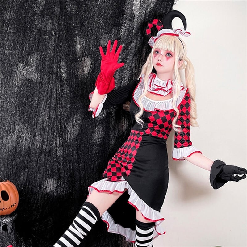 【ハロウィン】 衣装 レディース サーカス ピエロ コスプレ ポーカー柄 ドレス 仮装パーティー ステージ ナイトクラブ