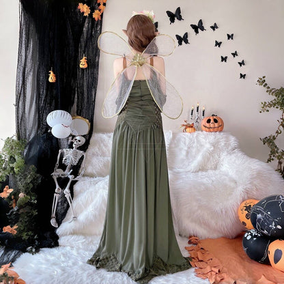 【ハロウィン】 コスチューム 化粧舞踏会 大人用 舞台衣装 バタフライ グリーン フェアリー 妖精 ワンピース ロングドレス