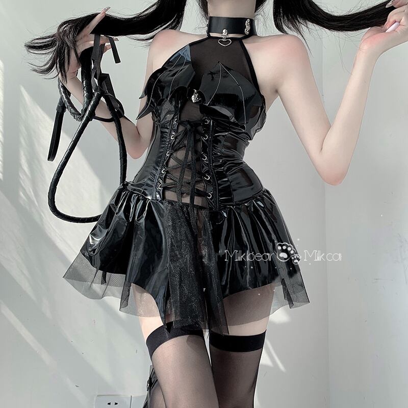 【ハロウィン】 PU 光沢 バットウィング 透け感 ミニドレス・バッククロスデザイン