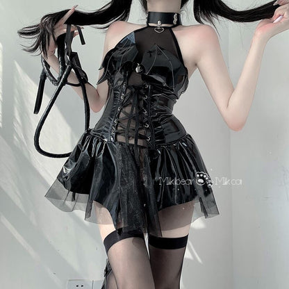【ハロウィン】 PU 光沢 バットウィング 透け感 ミニドレス・バッククロスデザイン