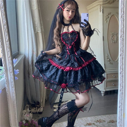【ハロウィン】Lolita ゴシック 小魔女 吸血鬼ヴァンパイア ローズ パンク 長袖 ベルベット ワンピース 秋新作 レディース