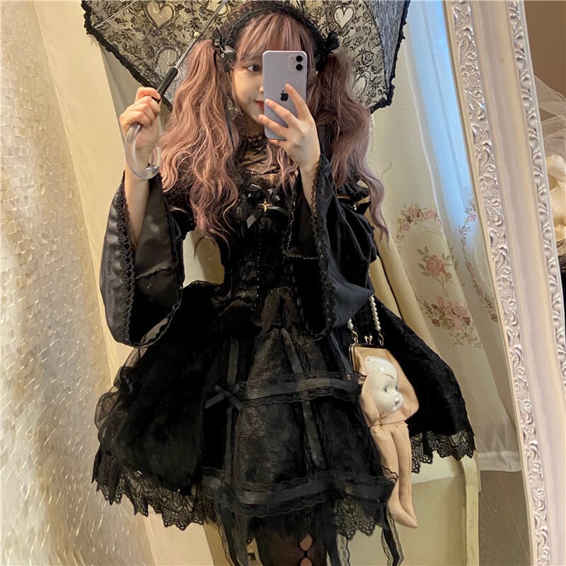 【ハロウィン】Lolita ゴシック クラシカル バラ柄 ワンピース 蕾絲＆チュール装飾 レディース コスプレ 衣装【15～20日内発送】