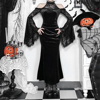 【ハロウィン】コスプレ 肩出し 長袖 ウィッチ ダーク風 セクシー タイト ワンピース