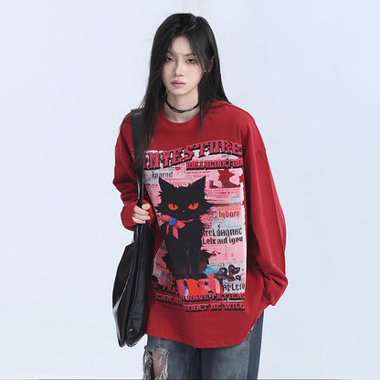 【トップス】黒猫プリントロンT ユニセックス オーバーサイズ ユニセックス アメリカンカジュアル【FCシリーズ】