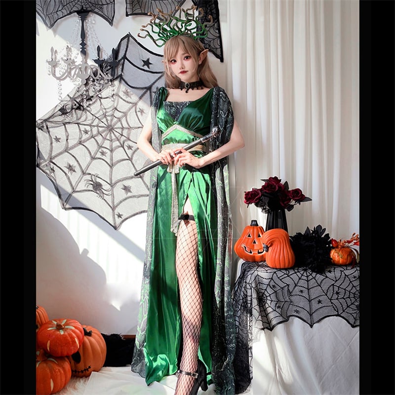【ハロウィン】レディース ギリシャ神話 メドゥーサ コスプレ ヘビヘッド マント付き ドレス 役割衣装