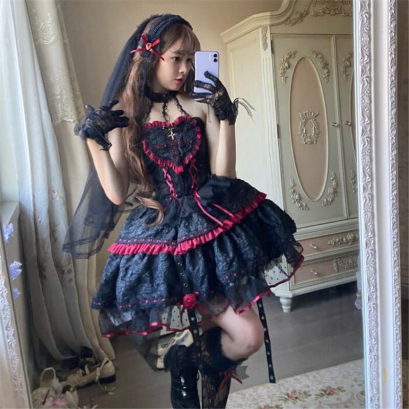 【ハロウィン】Lolita ゴシック 小魔女 吸血鬼ヴァンパイア ローズ パンク 長袖 ベルベット ワンピース 秋新作 レディース