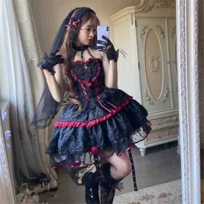 【ハロウィン】Lolita ゴシック 小魔女 吸血鬼ヴァンパイア ローズ パンク 長袖 ベルベット ワンピース 秋新作 レディース