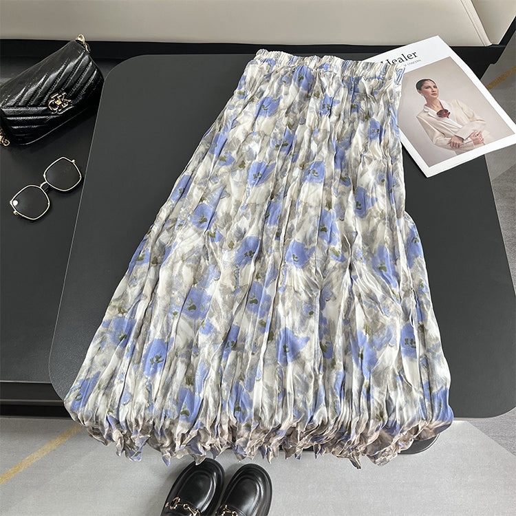 【ボトムス】夏 ハイウエスト レトロ 体型カバー 細見え グラデーション とろみ感スカート 【SHシリーズ】