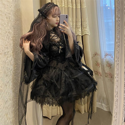 【ハロウィン】Lolita ゴシック クラシカル バラ柄 ワンピース 蕾絲＆チュール装飾 レディース コスプレ 衣装【15～20日内発送】