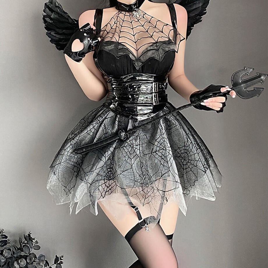 【ハロウィン】セクシー シースルー メッシュ スパイダー 小悪魔 エナメル コルセット 制服風 コスチューム ランジェリー