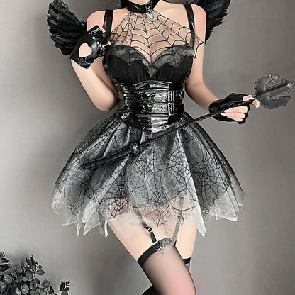 【ハロウィン】セクシー シースルー メッシュ スパイダー 小悪魔 エナメル コルセット 制服風 コスチューム ランジェリー