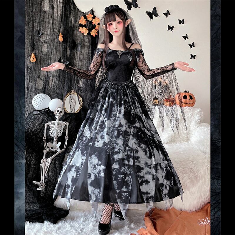 【ハロウィン】ゴーストブライド 大人用 コスプレ 魔女 ゴシック 吸血鬼 クイーン ブラックロングドレス レディース