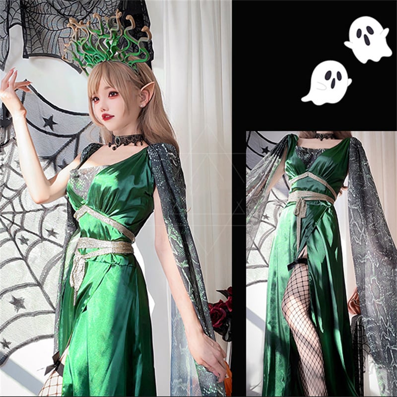 【ハロウィン】レディース ギリシャ神話 メドゥーサ コスプレ ヘビヘッド マント付き ドレス 役割衣装