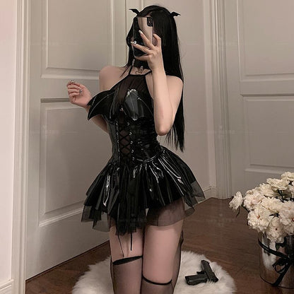 【ハロウィン】 PU 光沢 バットウィング 透け感 ミニドレス・バッククロスデザイン