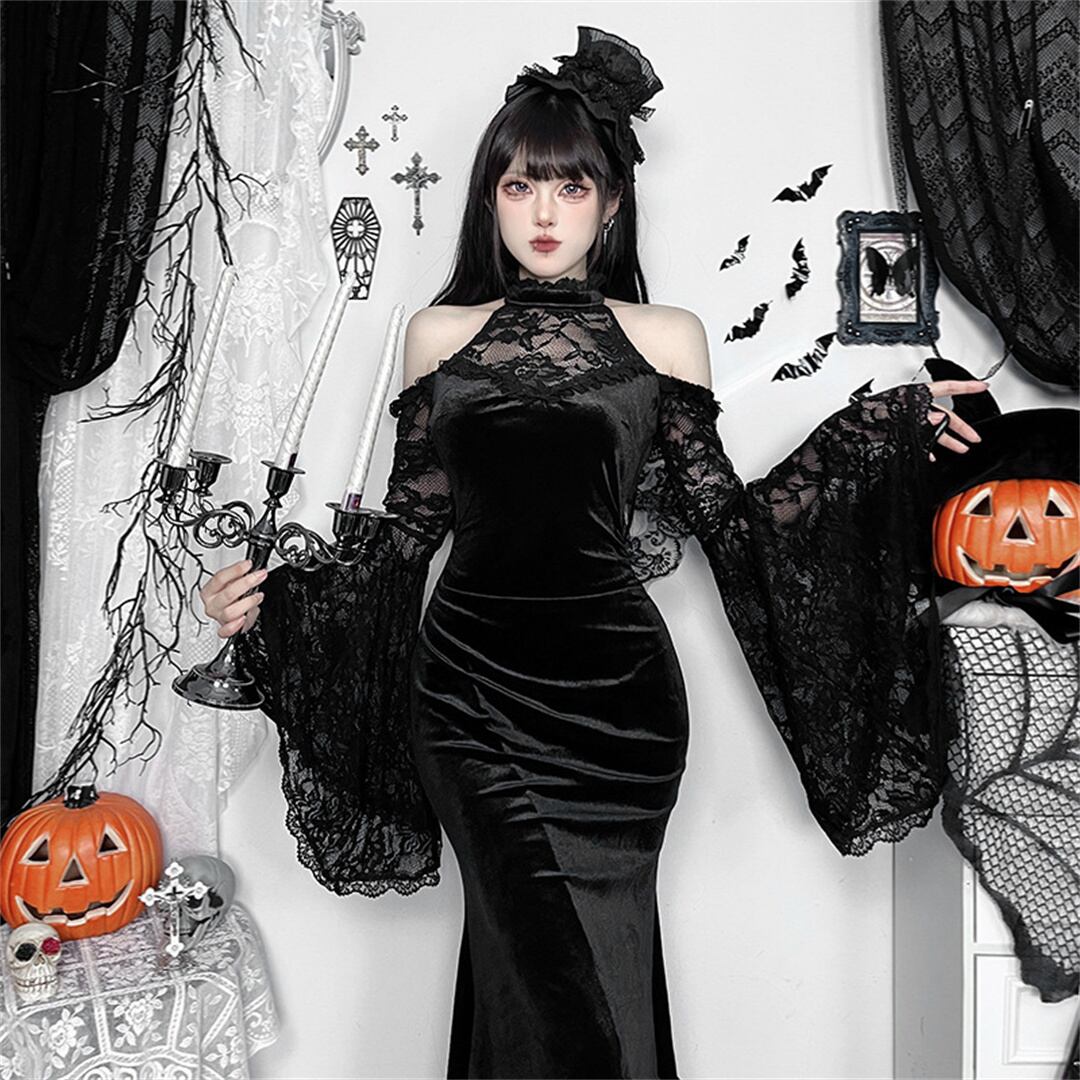 【ハロウィン】コスプレ 肩出し 長袖 ウィッチ ダーク風 セクシー タイト ワンピース