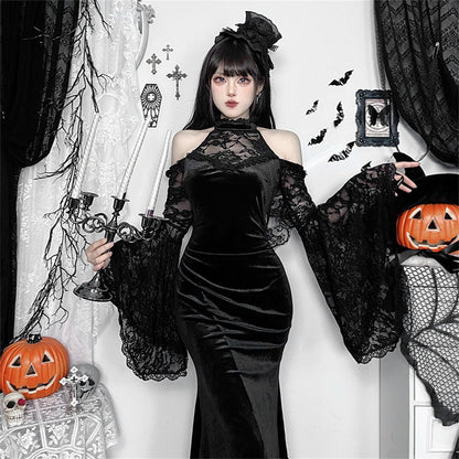【ハロウィン】コスプレ 肩出し 長袖 ウィッチ ダーク風 セクシー タイト ワンピース