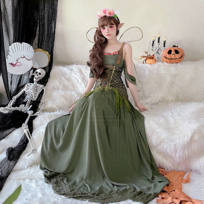 【ハロウィン】 コスチューム 化粧舞踏会 大人用 舞台衣装 バタフライ グリーン フェアリー 妖精 ワンピース ロングドレス