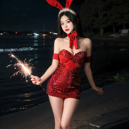 【クリスマス】新年向け  ベロア＆スパンコール うさぎコスチューム セクシーナイトウェア 誘惑 可外出着用