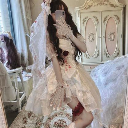 【ハロウィン】Lolita ピュアブラッドキス ゴスロリ 花嫁風 薔薇レース＆チュール ワンピース レディース