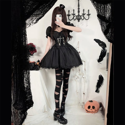 【ハロウィン】ダークブラックミニドレス・ゴシックパフスカート・ナイトクラブ・DS・ダンス・ギャル衣装