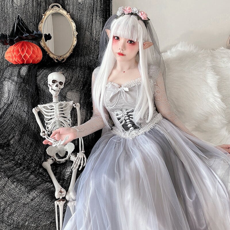【ハロウィン】大人用 コスチューム ゴーストブライド ウェディングドレス ロングスカート スカル ゾンビ ホラードール 魔女 仮装 舞踏会衣装 レディース