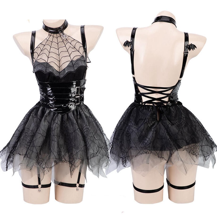 【ハロウィン】セクシー シースルー メッシュ スパイダー 小悪魔 エナメル コルセット 制服風 コスチューム ランジェリー