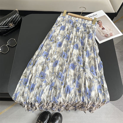 【ボトムス】夏 ハイウエスト レトロ 体型カバー 細見え グラデーション とろみ感スカート 【SHシリーズ】