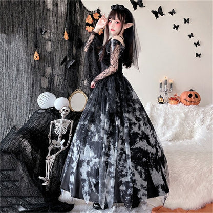 【ハロウィン】ゴーストブライド 大人用 コスプレ 魔女 ゴシック 吸血鬼 クイーン ブラックロングドレス レディース