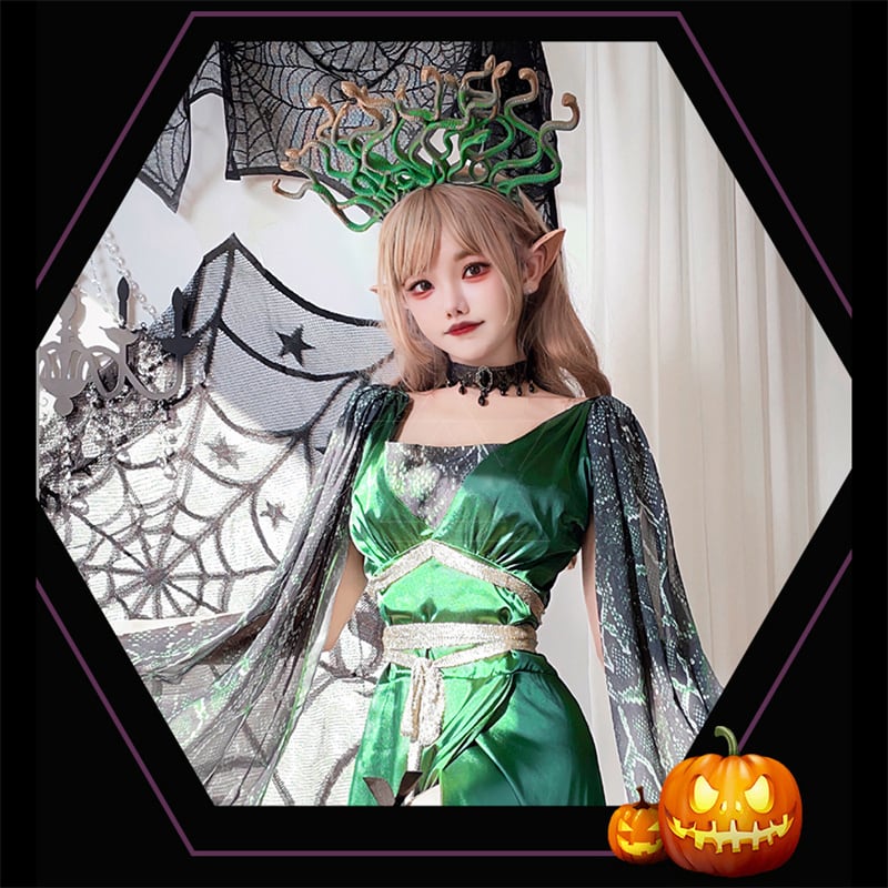 【ハロウィン】レディース ギリシャ神話 メドゥーサ コスプレ ヘビヘッド マント付き ドレス 役割衣装