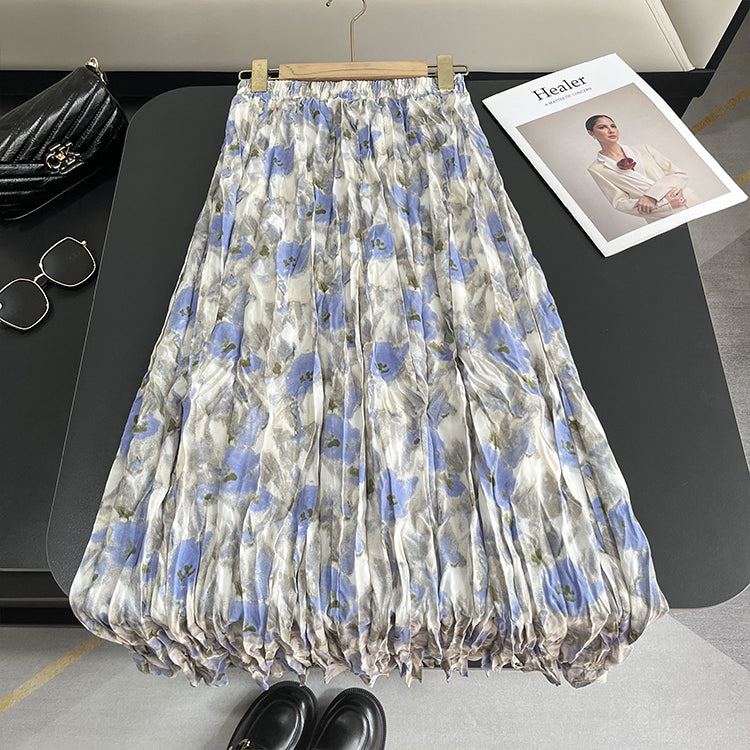 【ボトムス】夏 ハイウエスト レトロ 体型カバー 細見え グラデーション とろみ感スカート 【SHシリーズ】